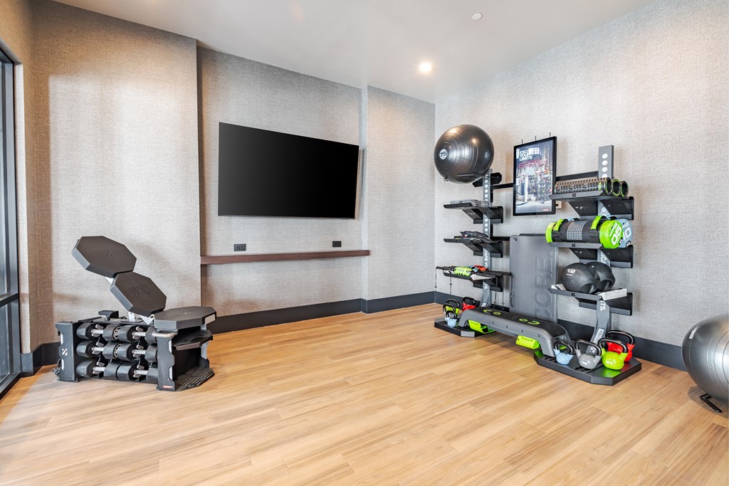 A room with a television, weights, and exercise equipment.