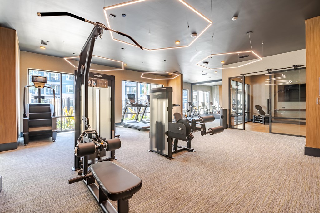 A gym with a variety of equipment including a rowing machine, a treadmill, and a bench.