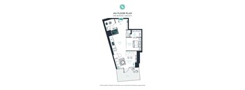 A floor plan of a one bedroom, one bath apartment.