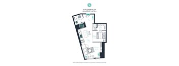 A 14 floor plan for a one bedroom apartment with one bath.