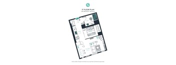 A floor plan of a one bedroom, one bath apartment.