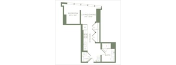 A floor plan of a small apartment with a bedroom, kitchen, bathroom, and living/dining area.