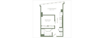 A floor plan of a living/dining area that is 19'9" x 11'0" with a bedroom and bathroom.