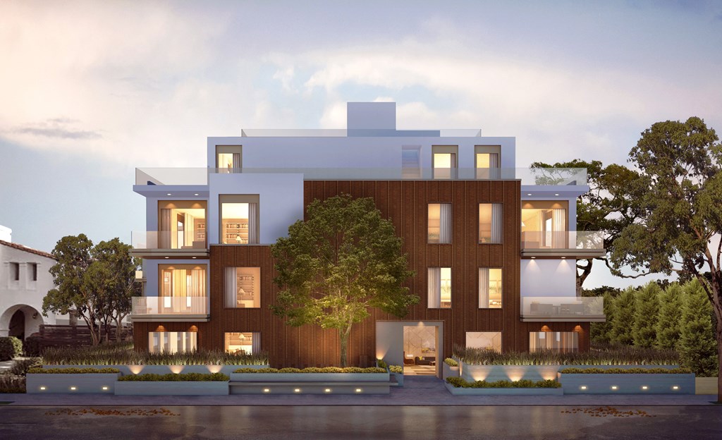 a rendering of a building with a tree in front of it