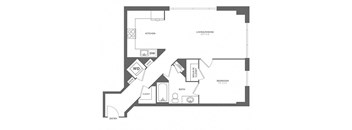 A floor plan of a home with a kitchen, living/dining area, bedroom, bathroom, closet, and entry.