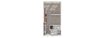 a room with a microwave and some shelves