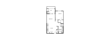 A floor plan of a house with a patio, great room, and kitchen.