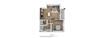 a stylized floor plan with a bedroom and a living room