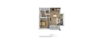 a stylized floor plan with a bedroom and a living room