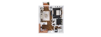 A top down view of a modern apartment layout.