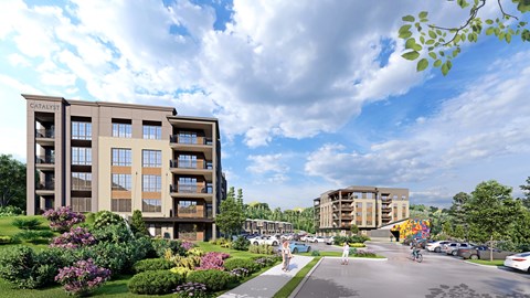 A rendering of a modern apartment complex with a parking lot in front.