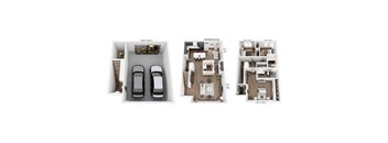 Three images of a house layout with a garage, living room, and kitchen.