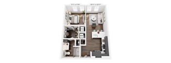 A floor plan of a small apartment with a kitchen, living room, and bathroom.