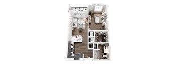 A floor plan of a small apartment with a kitchen, living room, and bathroom.