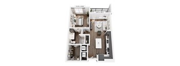 A floor plan of a small apartment with a kitchen, living room, and bathroom.