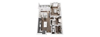 A floor plan of a small apartment with a kitchen, living room, and bathroom.