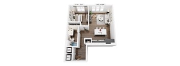 A floor plan of a house with a kitchen, living room, and bathroom.