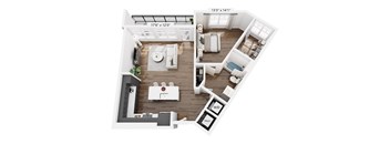 A floor plan of a small apartment with a kitchen, living room, and bathroom.