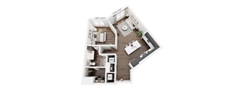A floor plan of a small apartment with a kitchen, living room, and bathroom.
