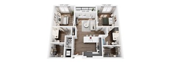 A top-down view of a small apartment layout with a kitchen, living room, and bedroom.