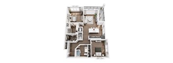 A floor plan of a two-bedroom apartment with a living room, kitchen, and bathroom.