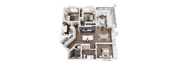 A floor plan of a two-bedroom apartment with a living room, kitchen, and bathroom.