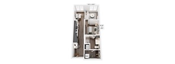 A floor plan of a small apartment with a kitchen, living room, and bathroom.