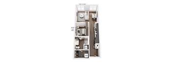 A floor plan of a small apartment with a kitchen, living room, and bathroom.