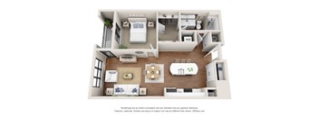 A 3D floor plan of a small apartment with a living room, kitchen, and bedroom.