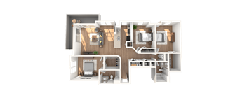 A 3D floor plan of a house layout.