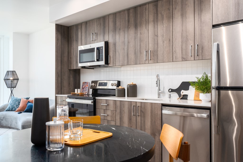 a kitchen and dining area