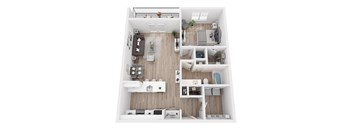 A top-down view of a modern apartment with a kitchen, living room, and bedrooms.