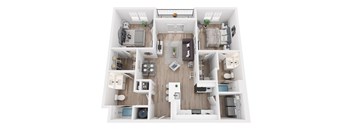 A top-down view of a modern apartment layout with a kitchen, living room, and bedrooms.