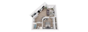 A top-down view of a house interior with a kitchen, living room, and bathroom.