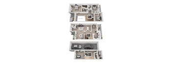 A set of three floor plans for a house with a garage and a living room.