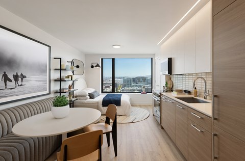 a rendering of an apartment with a kitchen and living room