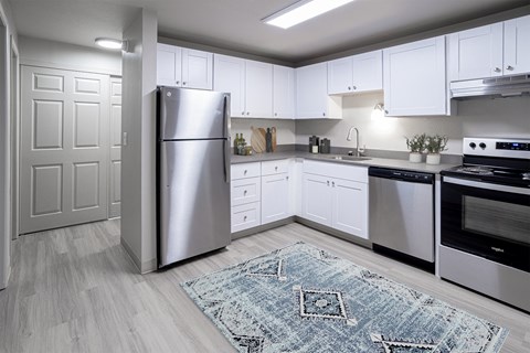 a kitchen with white cabinets and stainless steel appliances and a rug