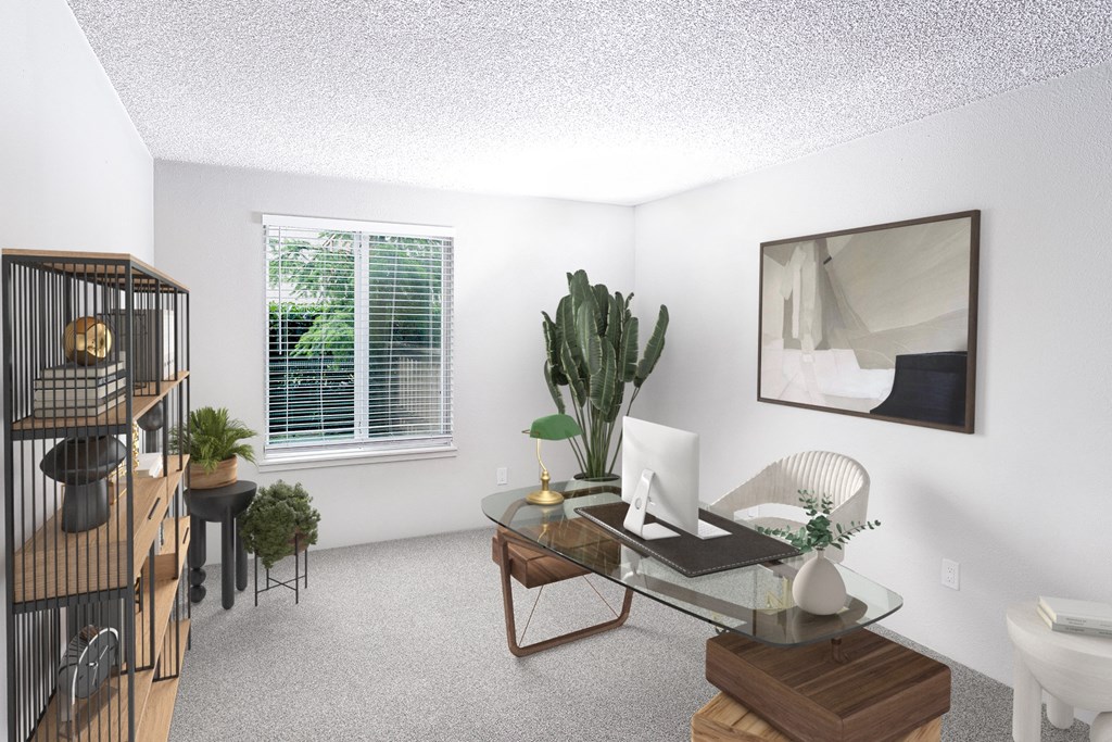 Living room with a glass desk with a computer on it at Veri at Timberhill, Corvallis, 97330