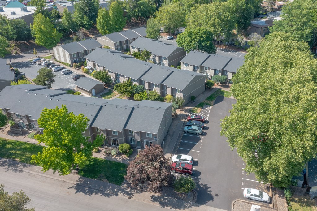 arial view of a neighborhood of houses with gray roofs  at Veri at Timberhill, Corvallis, Oregon