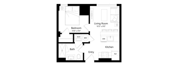 A floor plan of a small apartment with a bedroom, bathroom, living room, and kitchen.
