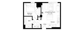 A floor plan of a small apartment with a bedroom, bathroom, kitchen, and living/dining room.