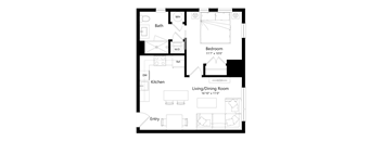 A floor plan of a house with a living room, kitchen, bathroom, bedroom, and entry.