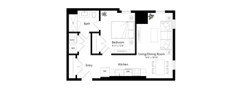 A floor plan of a house with a living room, kitchen, bedroom, and bathroom.