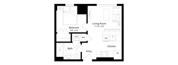 A floor plan of a small apartment with a living room, kitchen, bedroom, and bathroom.