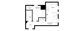 A floor plan of a home with a bedroom, bathroom, kitchen, and living room.