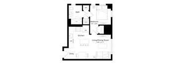 A floor plan of a house with a living room, kitchen, bedroom, and bathroom.