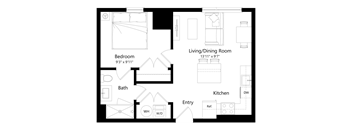 A floor plan of a house showing a bedroom, bathroom, living/dining room, kitchen, and entry.
