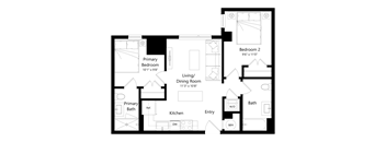A floor plan of a house with a primary bedroom, living/dining room, kitchen, bath, and two additional bedrooms.