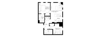 A floor plan of a house with a living room, two bathrooms, a kitchen, and two bedrooms.