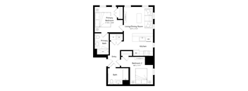 A floor plan of a house with a primary bedroom, living/dining room, kitchen, two bathrooms, and two bedrooms.